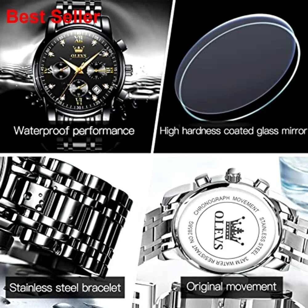 Stainless Steel Waterproof Quartz Analog Watch with Adjustable Bracelet